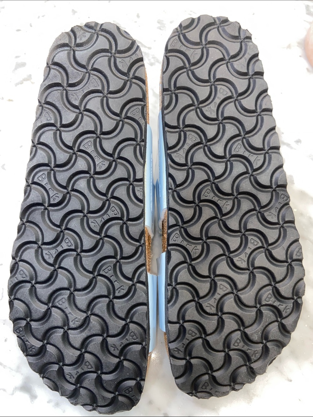 Birkenstock Kids Two-Strap Patent Sandals in Light Blue with Gold Buckles - Picture 4 of 4